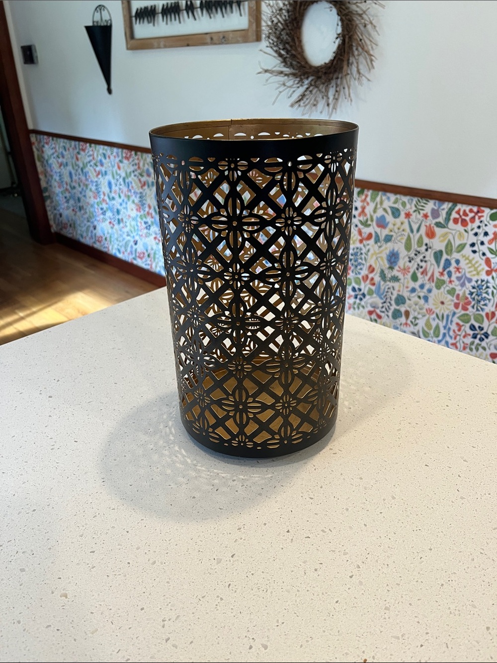 Decorative Black and Gold Cutout Metal Lantern - Elegant Table Accent